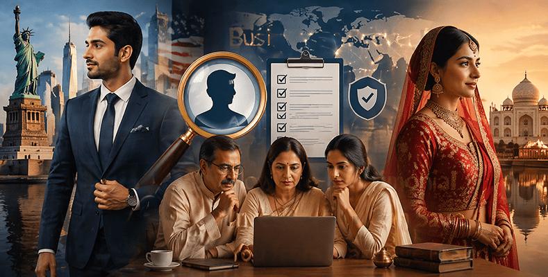 NRI background check for marriage showing verification of NRI groom and bride details in India 2026