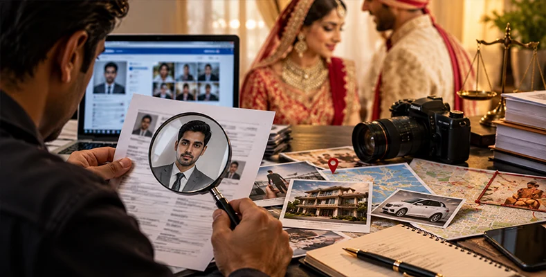 Family reviewing background verification report during pre matrimonial investigation in India