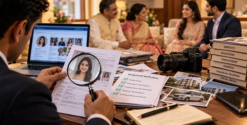 Family reviewing documents to verify a marriage proposal in India